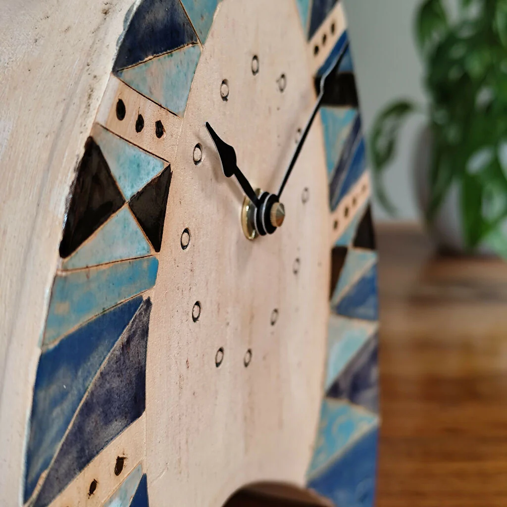 Pottery Mantel Clock Triangle Pattern In Shades Of Blue - Image 4