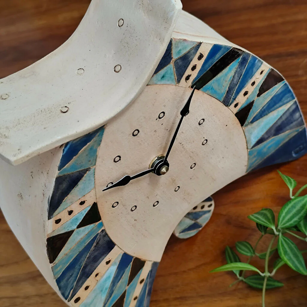 Pottery Mantel Clock Triangle Pattern In Shades Of Blue - Image 5