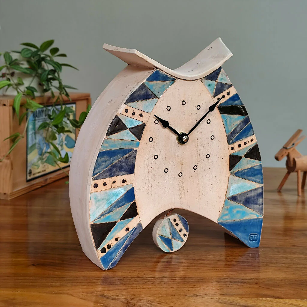 Pottery Mantel Clock Triangle Pattern In Shades Of Blue - Image 6