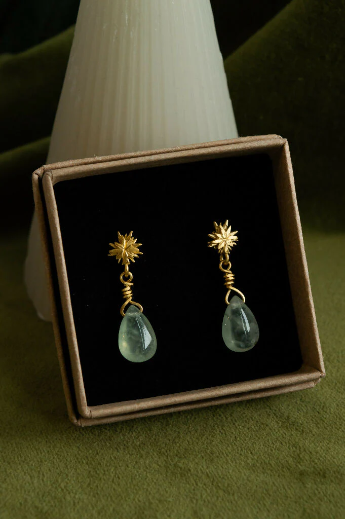 Gold Plated, Sterling Silver Stars Prehnite Drop Earrings - Image 3