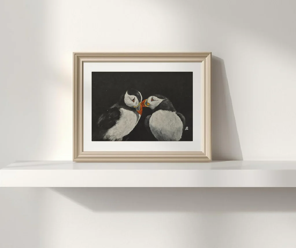 Puffin Pair Original Artwork 1, mounted in A5 size frame