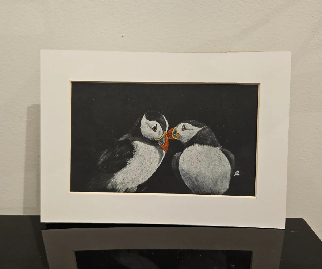 Puffin Pair Original Artwork 1, mounted in A5 size frame - Image 2