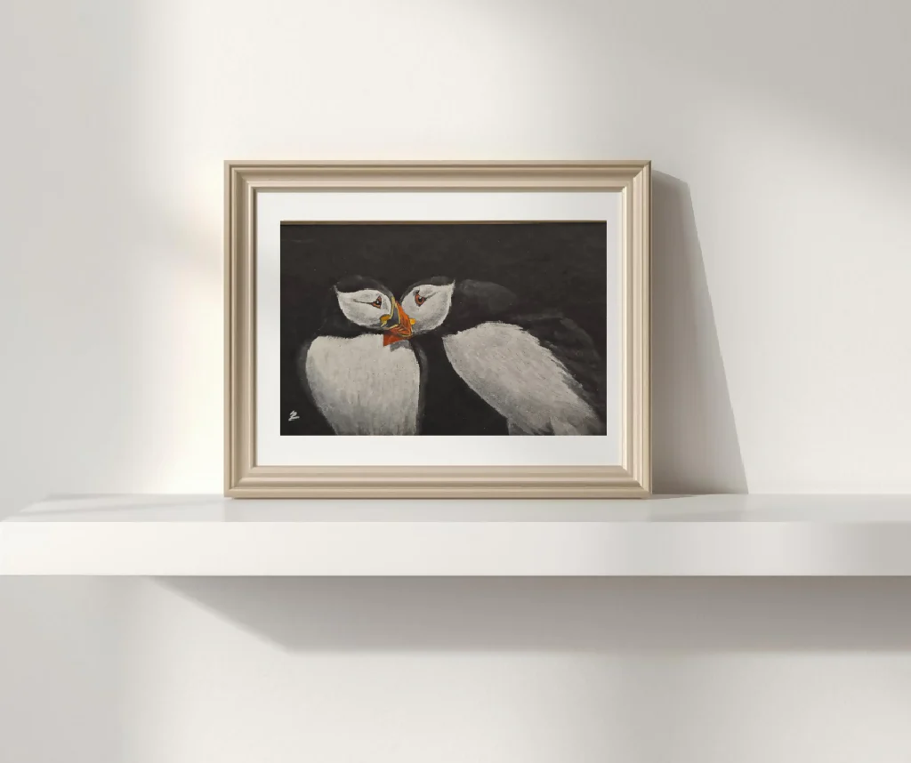Puffin Pair Original Artwork 2, mounted in A5 size frame