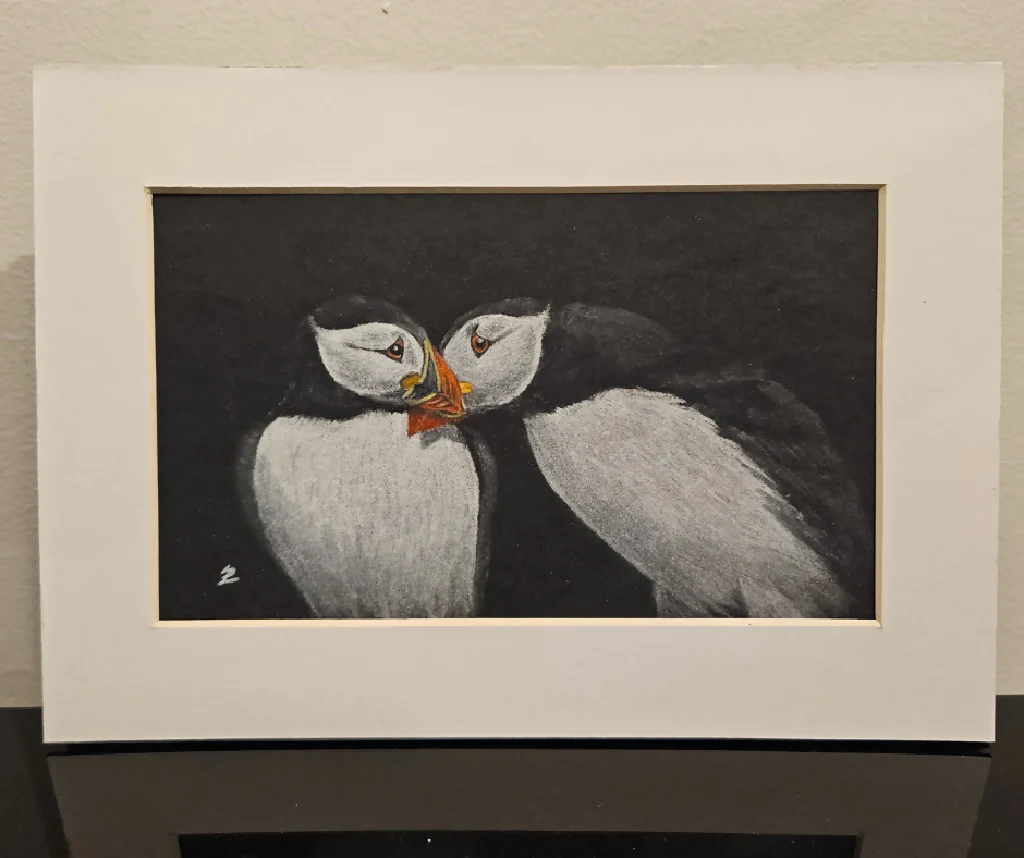 Puffin Pair Original Artwork 2, mounted in A5 size frame - Image 2