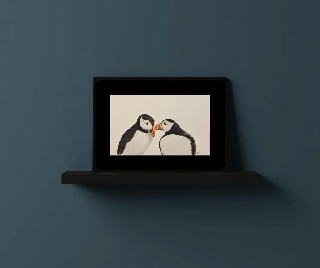 Puffin Valentine's gift set, original mounted sketch to fit A5 frame and matching A6 size card