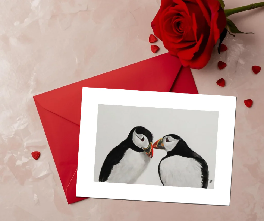 Puffin Valentine's gift set, original mounted sketch to fit A5 frame and matching A6 size card - Image 3