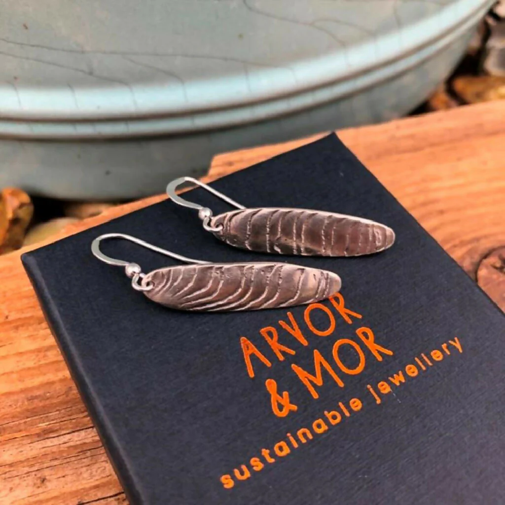 Recycled Silver Drop Earrings with Cuttlefish Texture – Handmade in Cornwall - Image 2