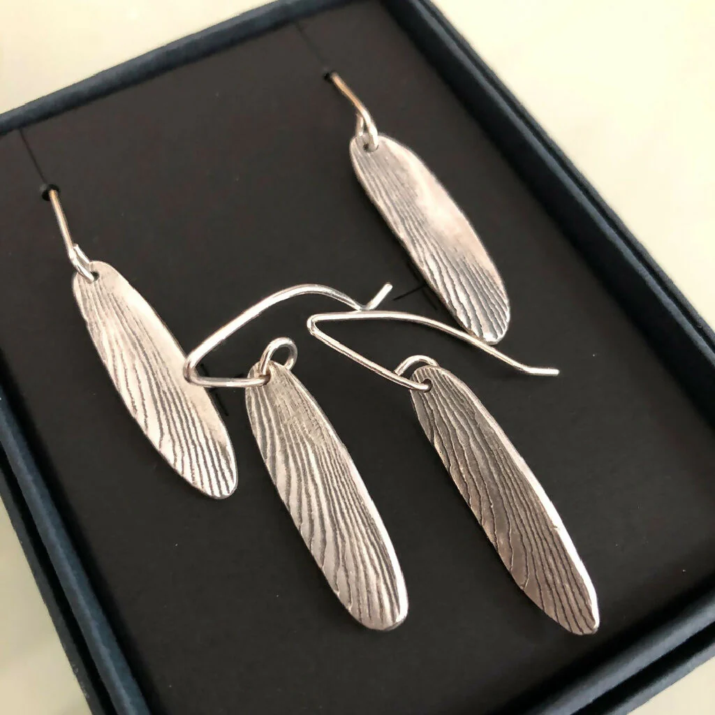 Recycled Silver Drop Earrings with Cuttlefish Texture – Handmade in Cornwall - Image 4