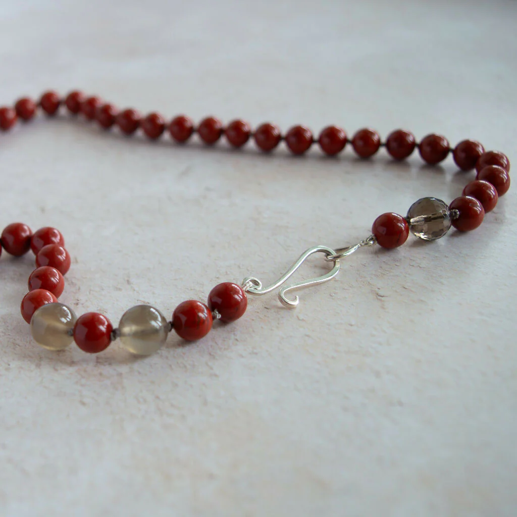 Red Jasper, Grey Moonstone and Smokey Quartz Gemstone Necklace with Handmade Silver Clasp - Image 2