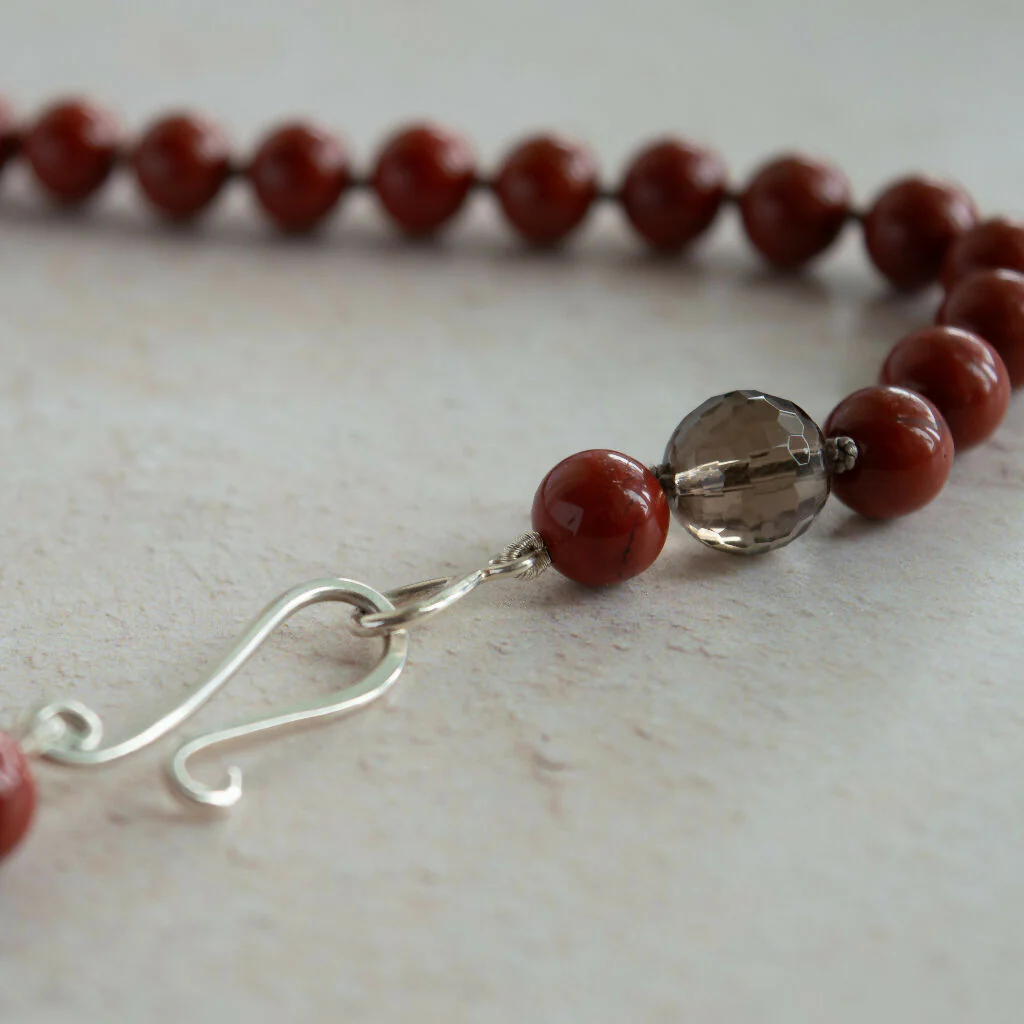 Red Jasper, Grey Moonstone and Smokey Quartz Gemstone Necklace with Handmade Silver Clasp - Image 3