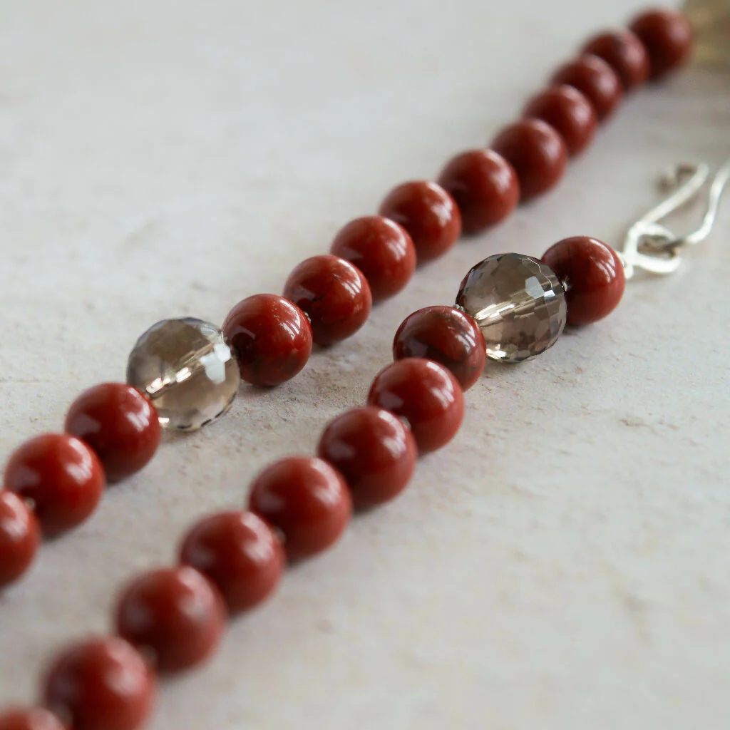 Red Jasper, Grey Moonstone and Smokey Quartz Gemstone Necklace with Handmade Silver Clasp - Image 4