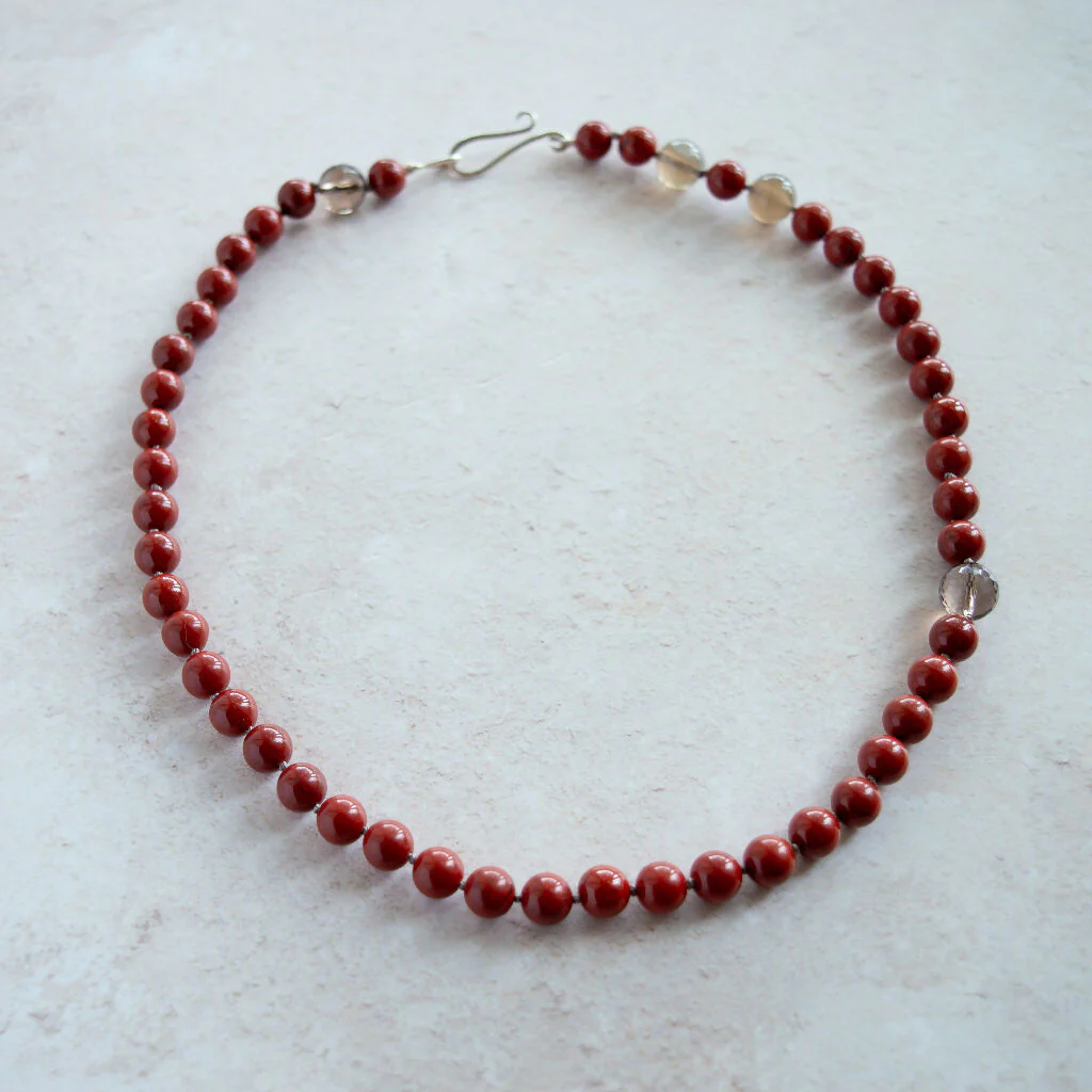 Red Jasper, Grey Moonstone and Smokey Quartz Gemstone Necklace with Handmade Silver Clasp - Image 5
