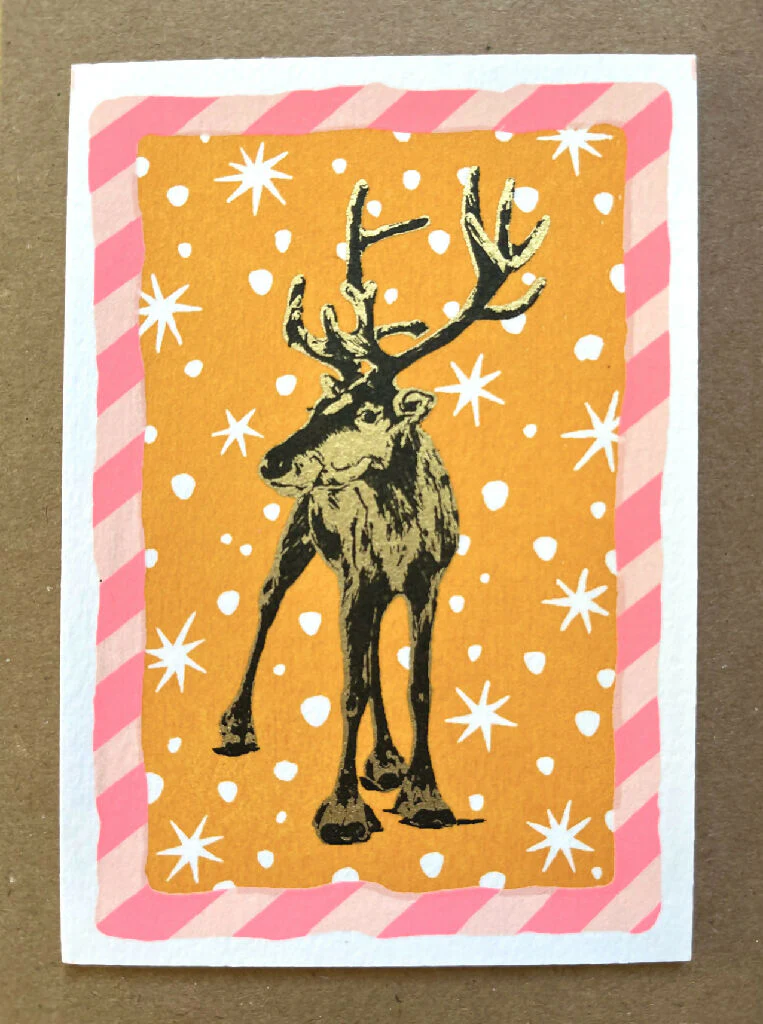 Reindeer with candy Stripes, Hand Screenprinted Christmas Card - Image 2