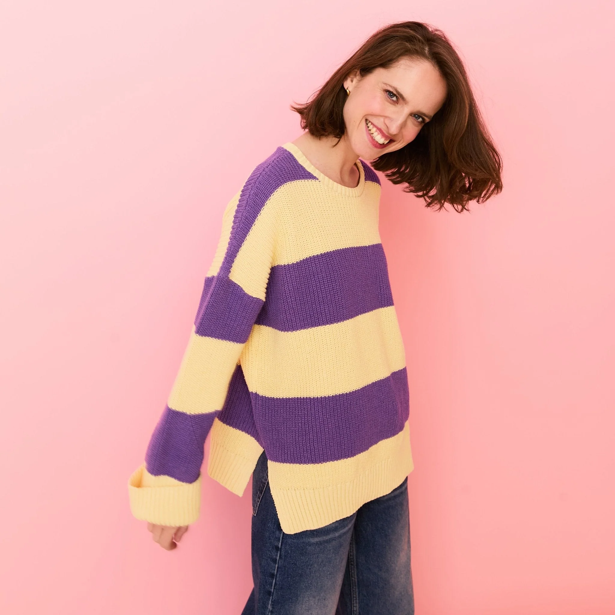 Rhiannon Recycled Cotton Mix Stripe Jumper - Purple and Yellow - Image 2