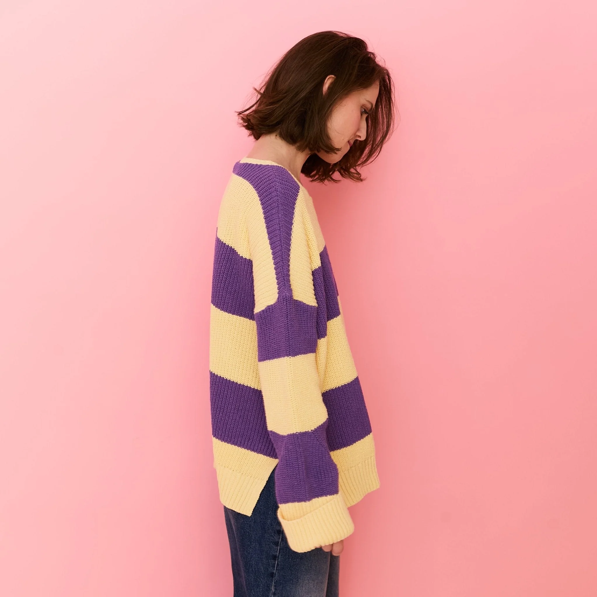 Rhiannon Recycled Cotton Mix Stripe Jumper - Purple and Yellow - Image 4