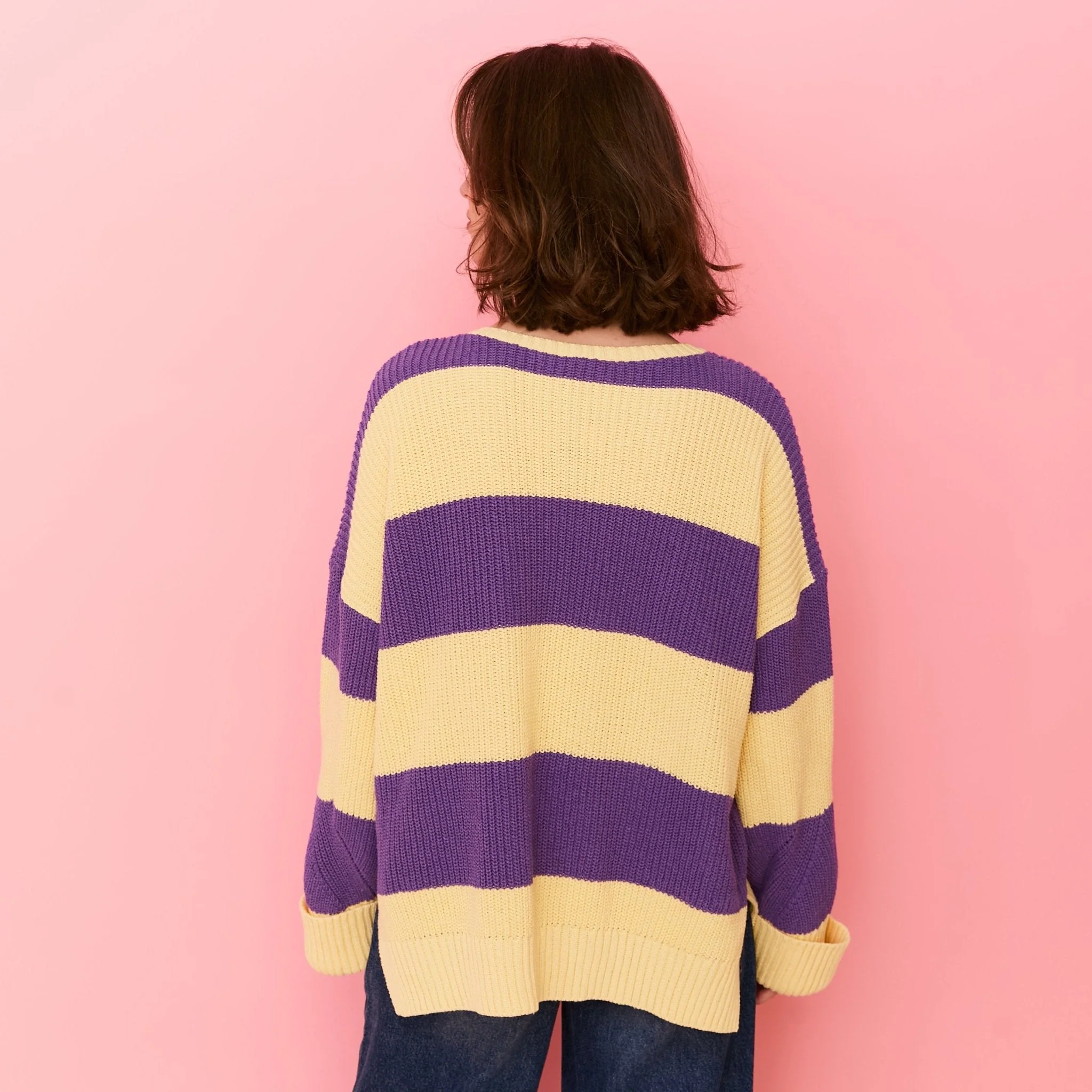 Rhiannon Recycled Cotton Mix Stripe Jumper - Purple and Yellow - Image 5