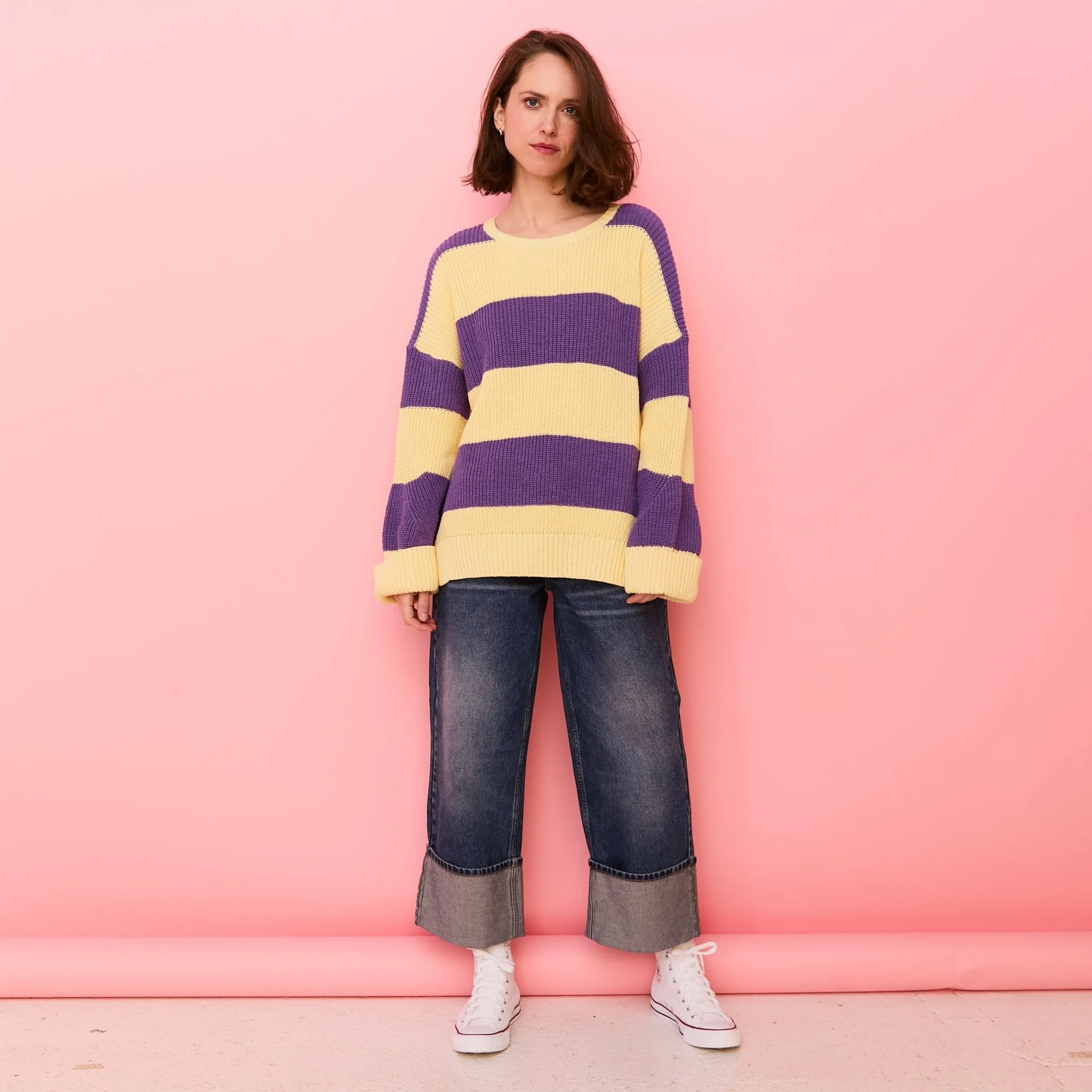 Rhiannon Recycled Cotton Mix Stripe Jumper - Purple and Yellow - Image 6