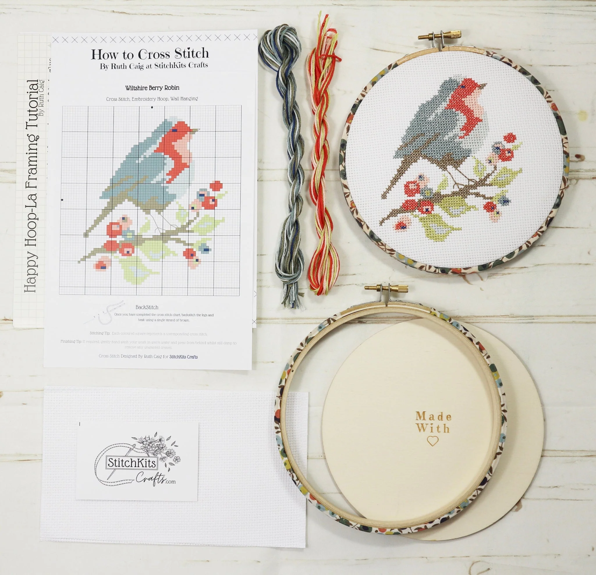 Robin and Berry, Cross Stitch Embroidery Hoop Wall Hanging Kit - Image 4