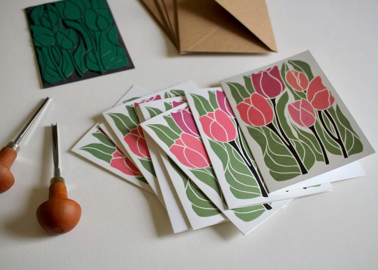 Romantic Linocut Tulip Flower Cards | Set of 8 Notecards & Envelopes - Image 3