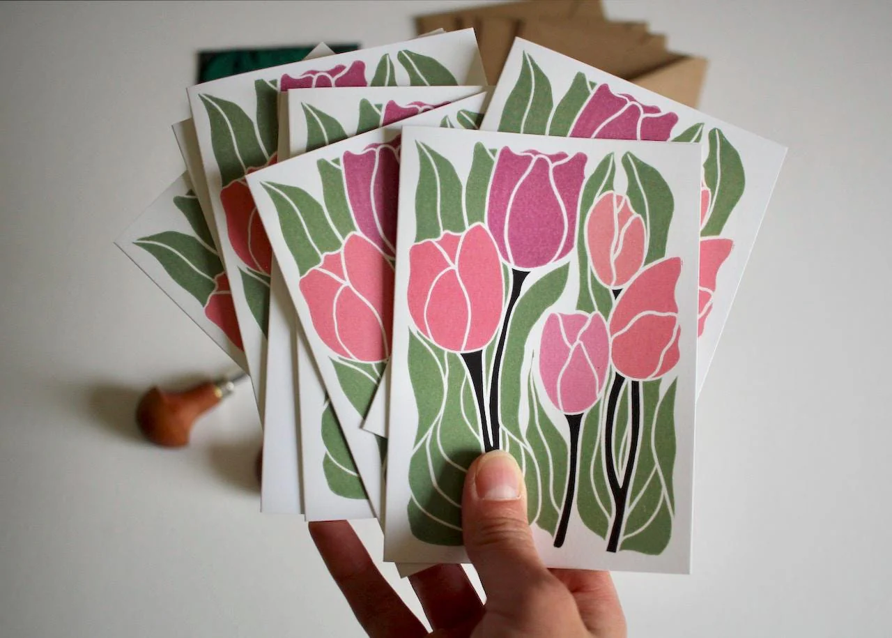 Romantic Linocut Tulip Flower Cards | Set of 8 Notecards & Envelopes - Image 4