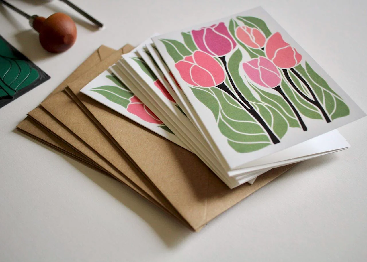 Romantic Linocut Tulip Flower Cards | Set of 8 Notecards & Envelopes - Image 7