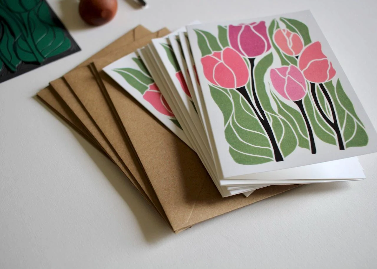 Romantic Linocut Tulip Flower Cards | Set of 8 Notecards & Envelopes - Image 9