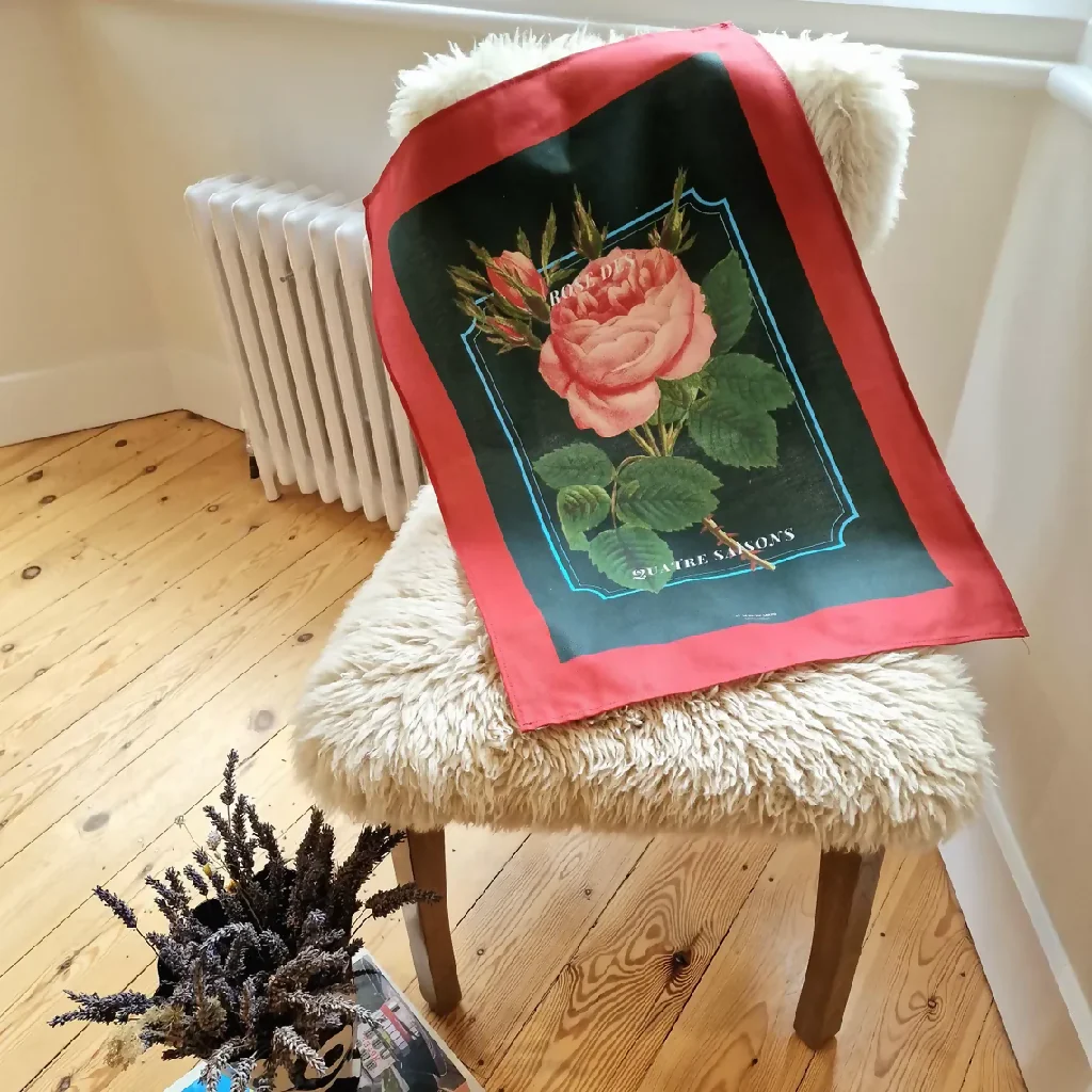 Rose Print Cotton Tea Towel in Green and Red