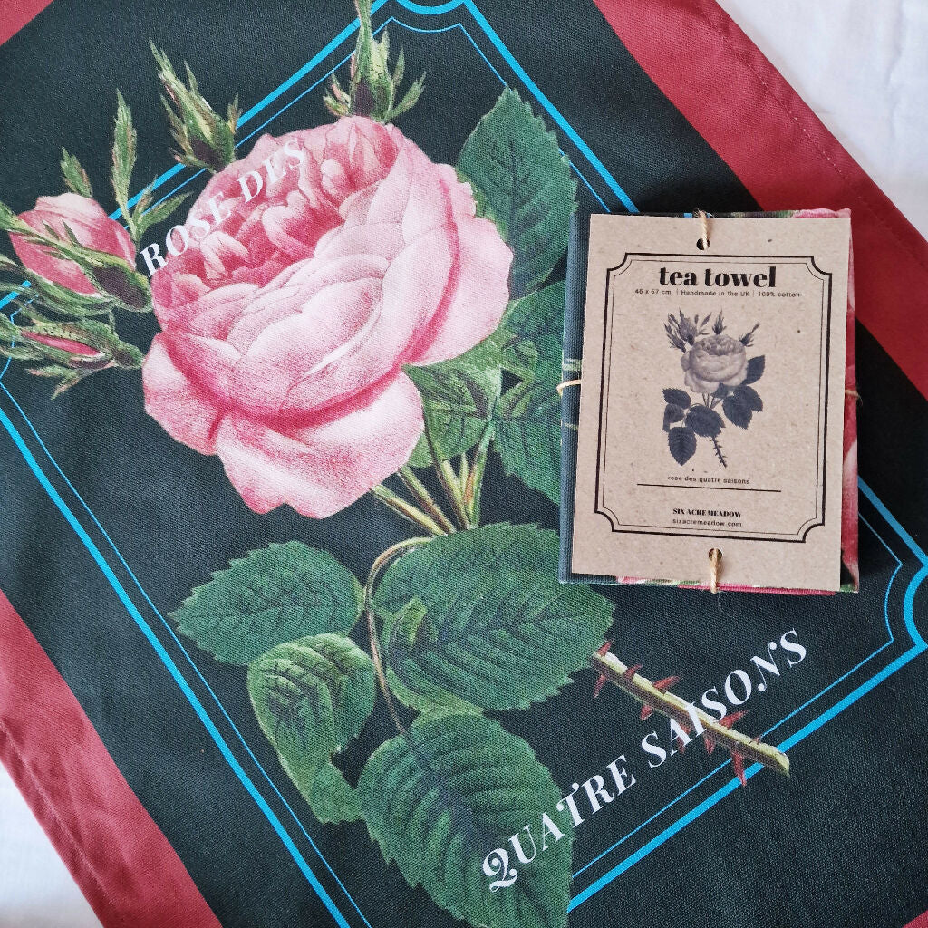 Rose Print Cotton Tea Towel in Green and Red - Image 2