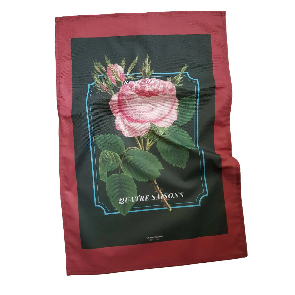 Rose Print Cotton Tea Towel in Green and Red - Image 4