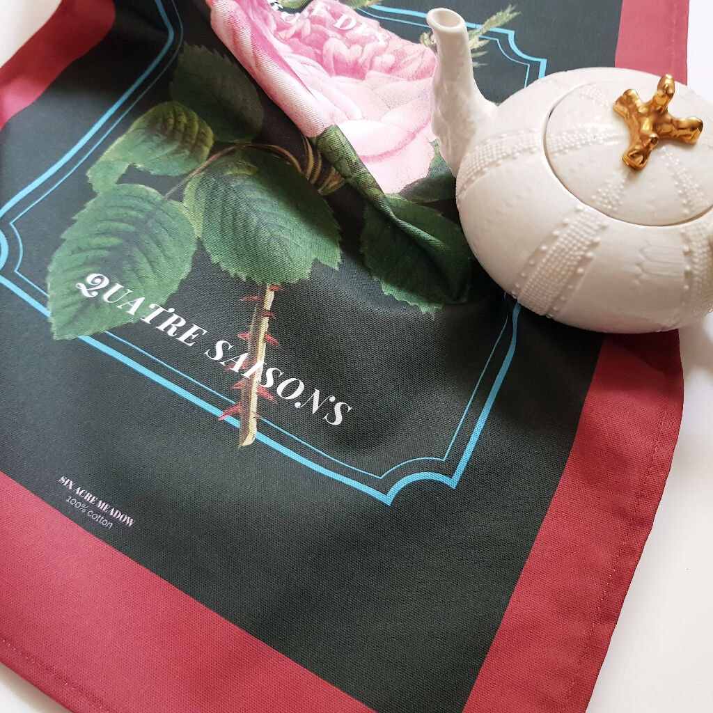 Rose Print Cotton Tea Towel in Green and Red - Image 5