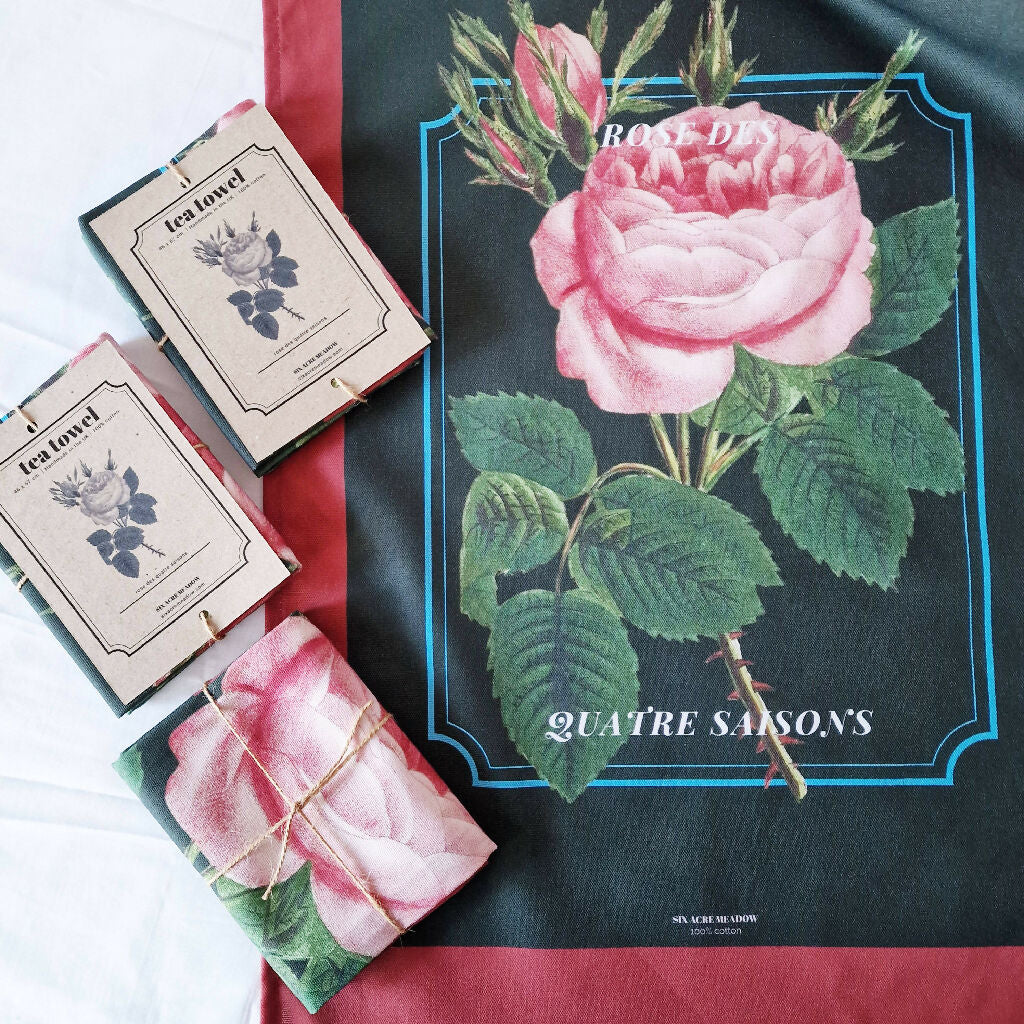 Rose Print Cotton Tea Towel in Green and Red - Image 7