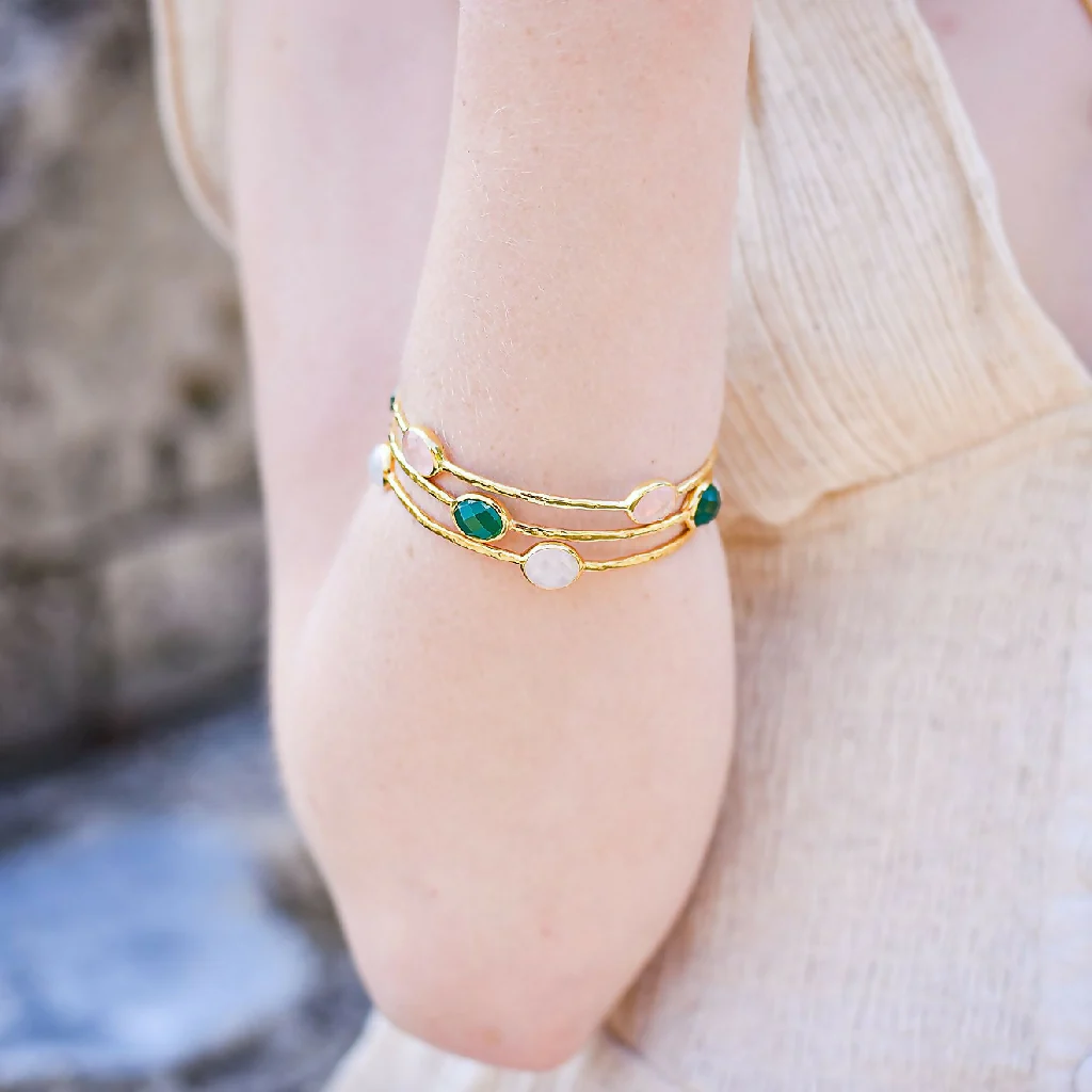 Rose Quartz Gemstone Bangle in Gold Plated Sterling Silver