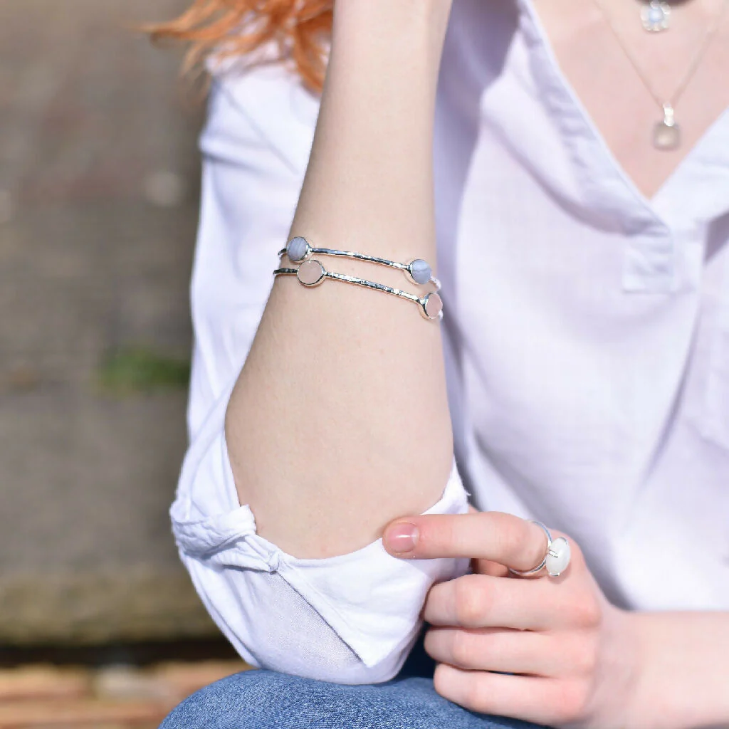 Rose Quartz Gemstone Bangle in Sterling Silver