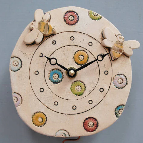 Round Ceramic Pendulum Wall Clock with Bees and Flowers - Image 3