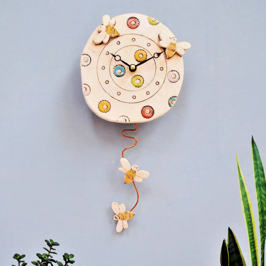 Round Ceramic Pendulum Wall Clock with Bees and Flowers - Image 4