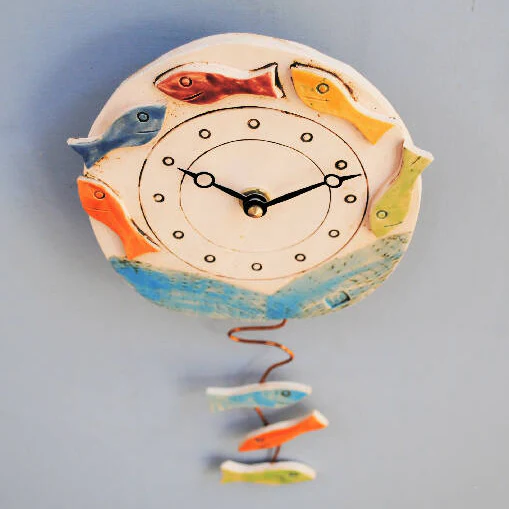 Round Ceramic Pendulum Wall Clock with Fish Shoal - Image 3