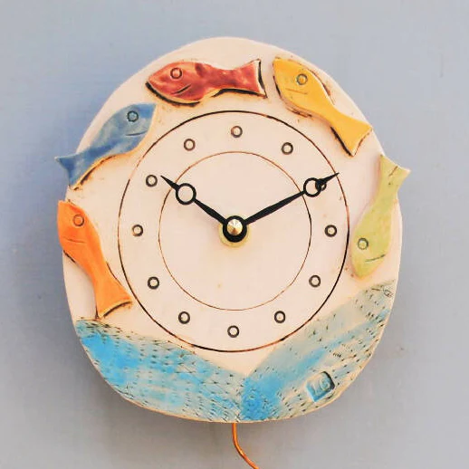 Round Ceramic Pendulum Wall Clock with Fish Shoal - Image 4