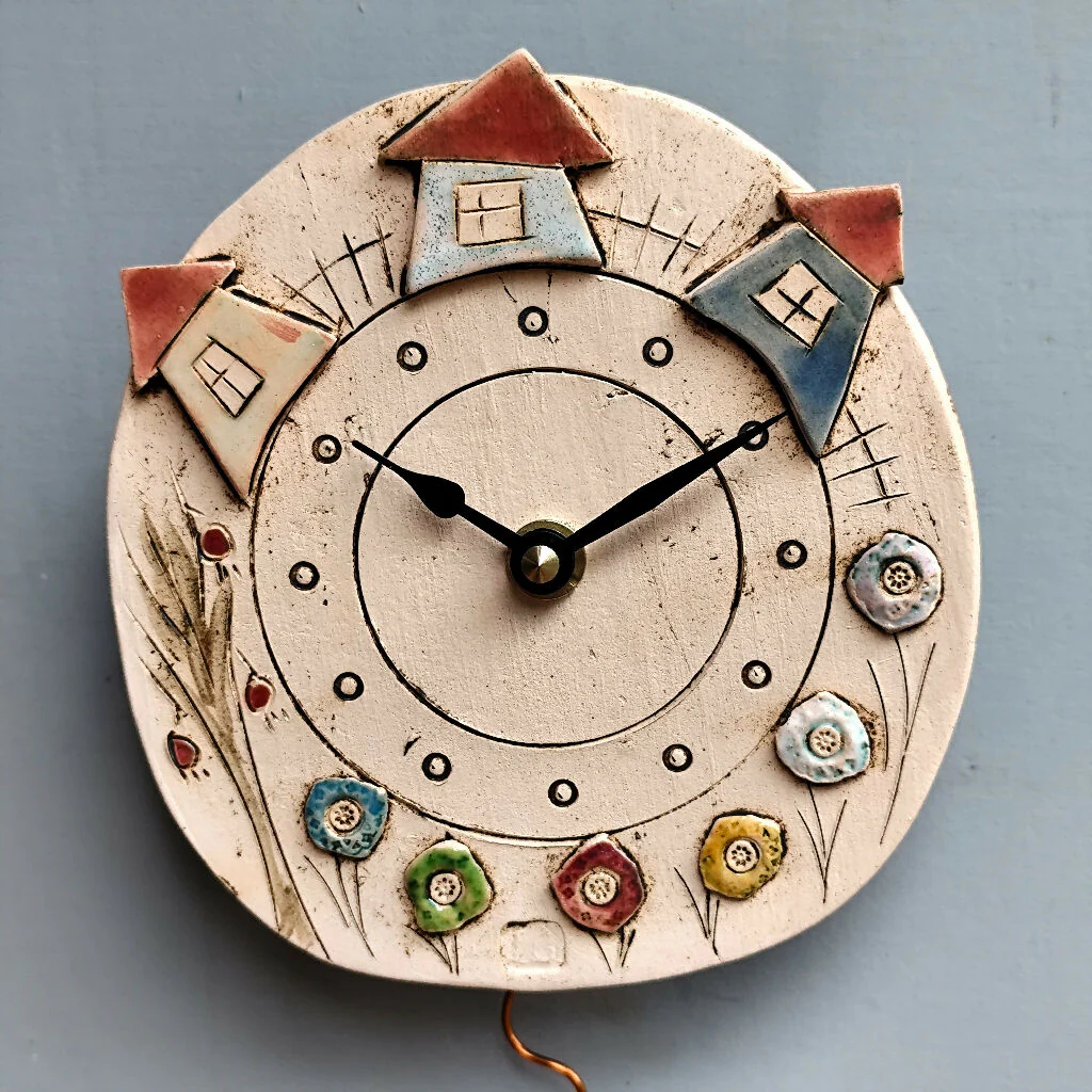 Round Ceramic Pendulum Wall Clock with Houses, Trees, and Meadows - Image 4