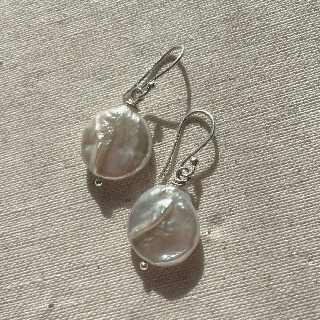 Round Coin Freshwater Pearls Sterling Silver Earrings - Image 2
