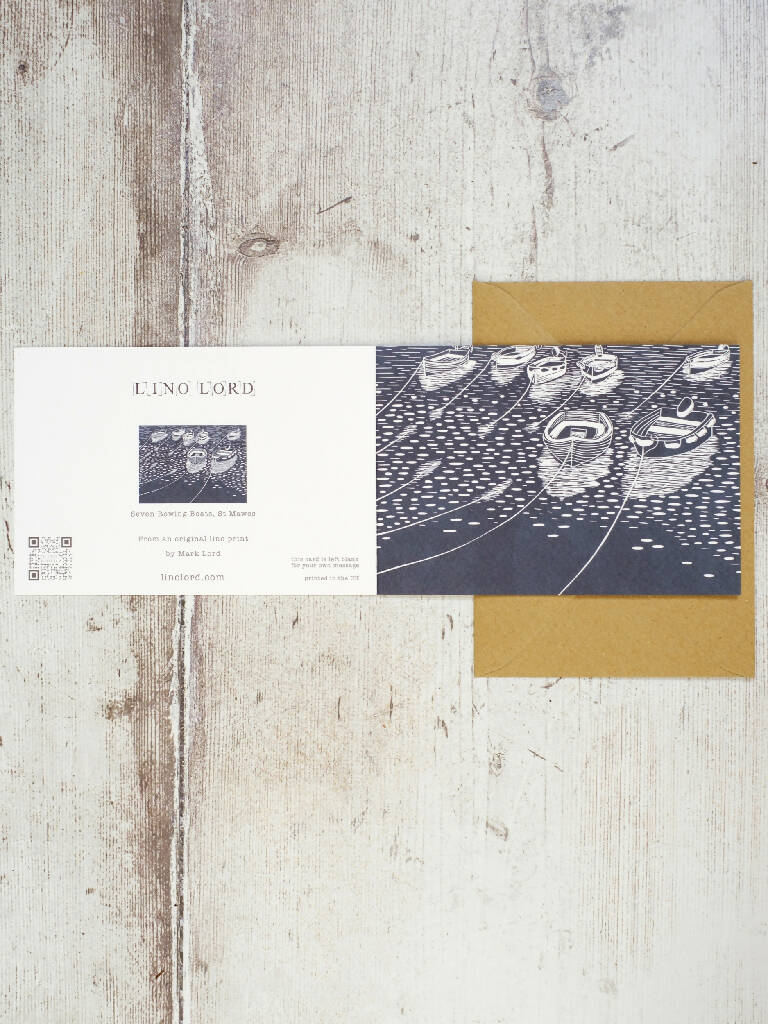 Rowing Boats St Mawes A6 Lino Print Greeting Card - Image 2