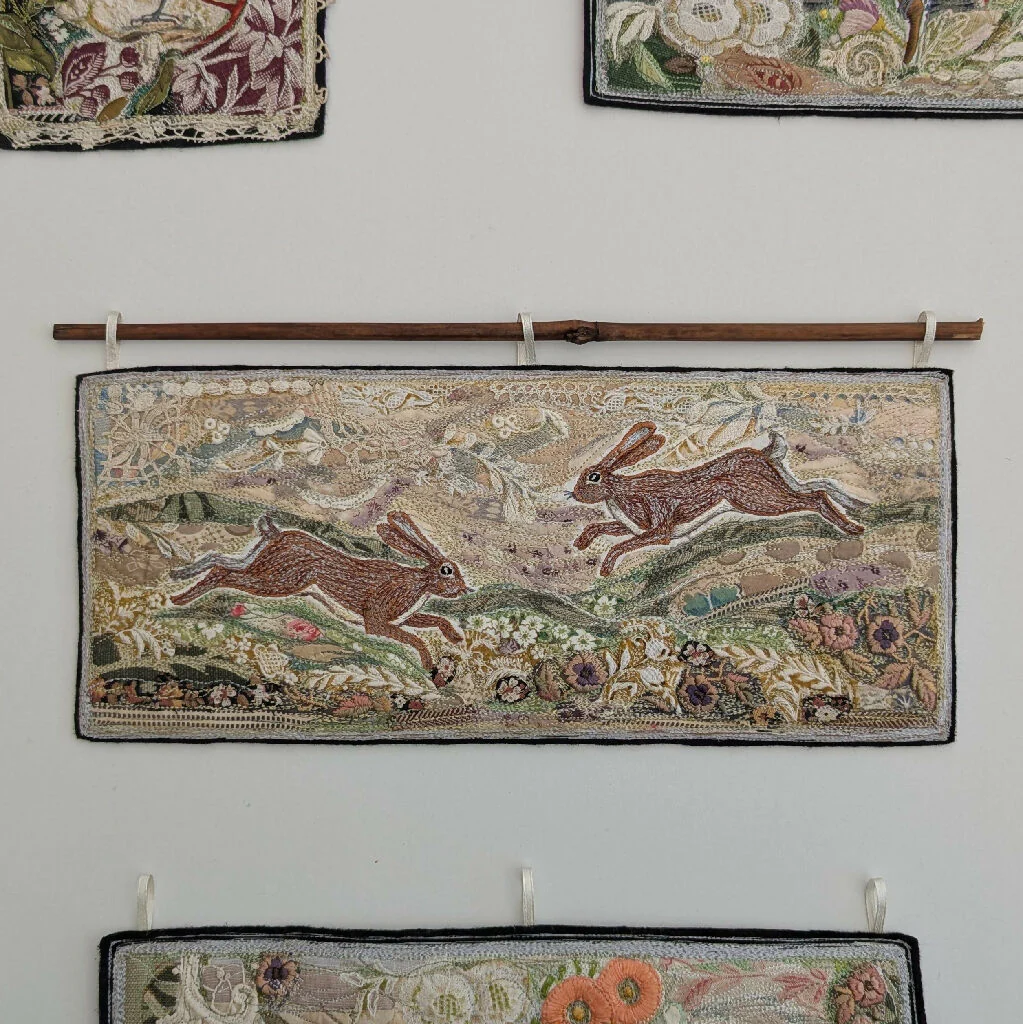 Running Hares-Embroidery Textile Hanging