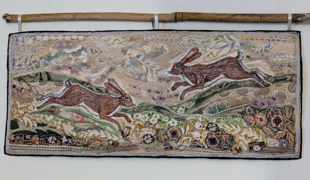 Running Hares-Embroidery Textile Hanging - Image 3