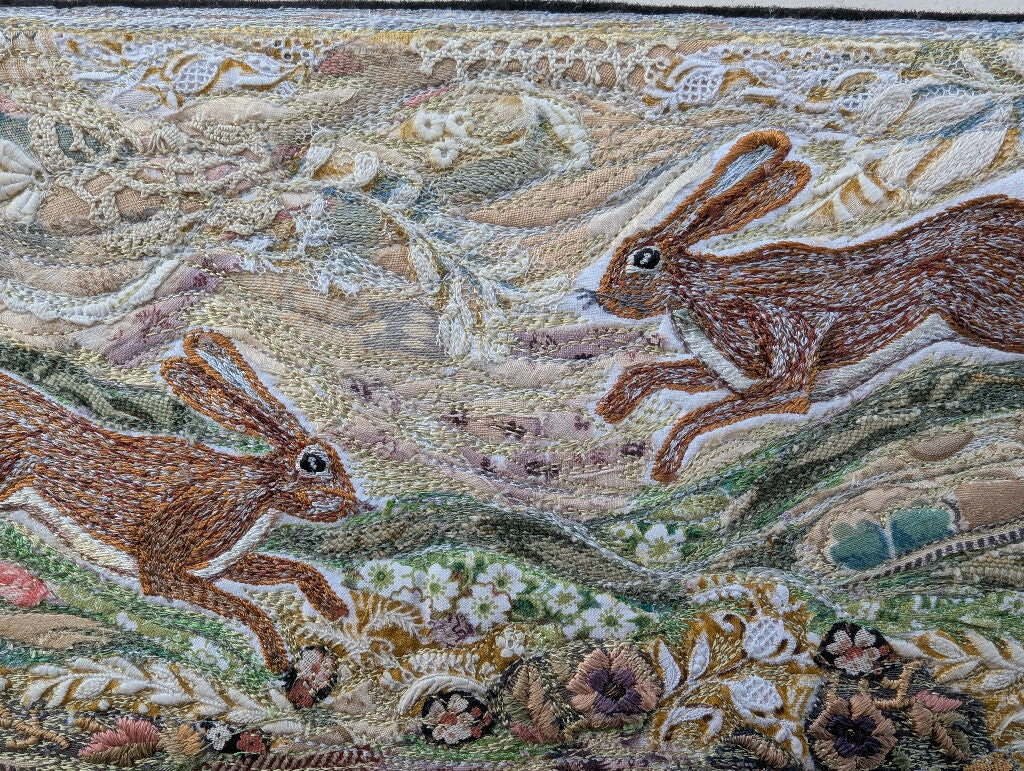 Running Hares-Embroidery Textile Hanging - Image 4