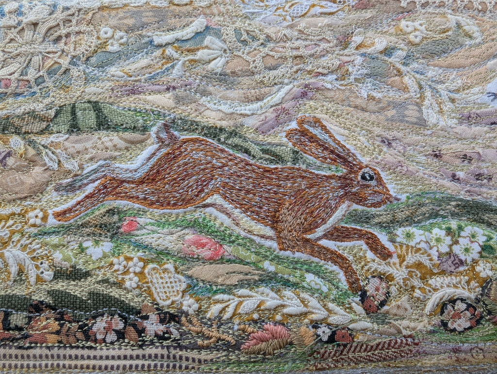 Running Hares-Embroidery Textile Hanging - Image 5