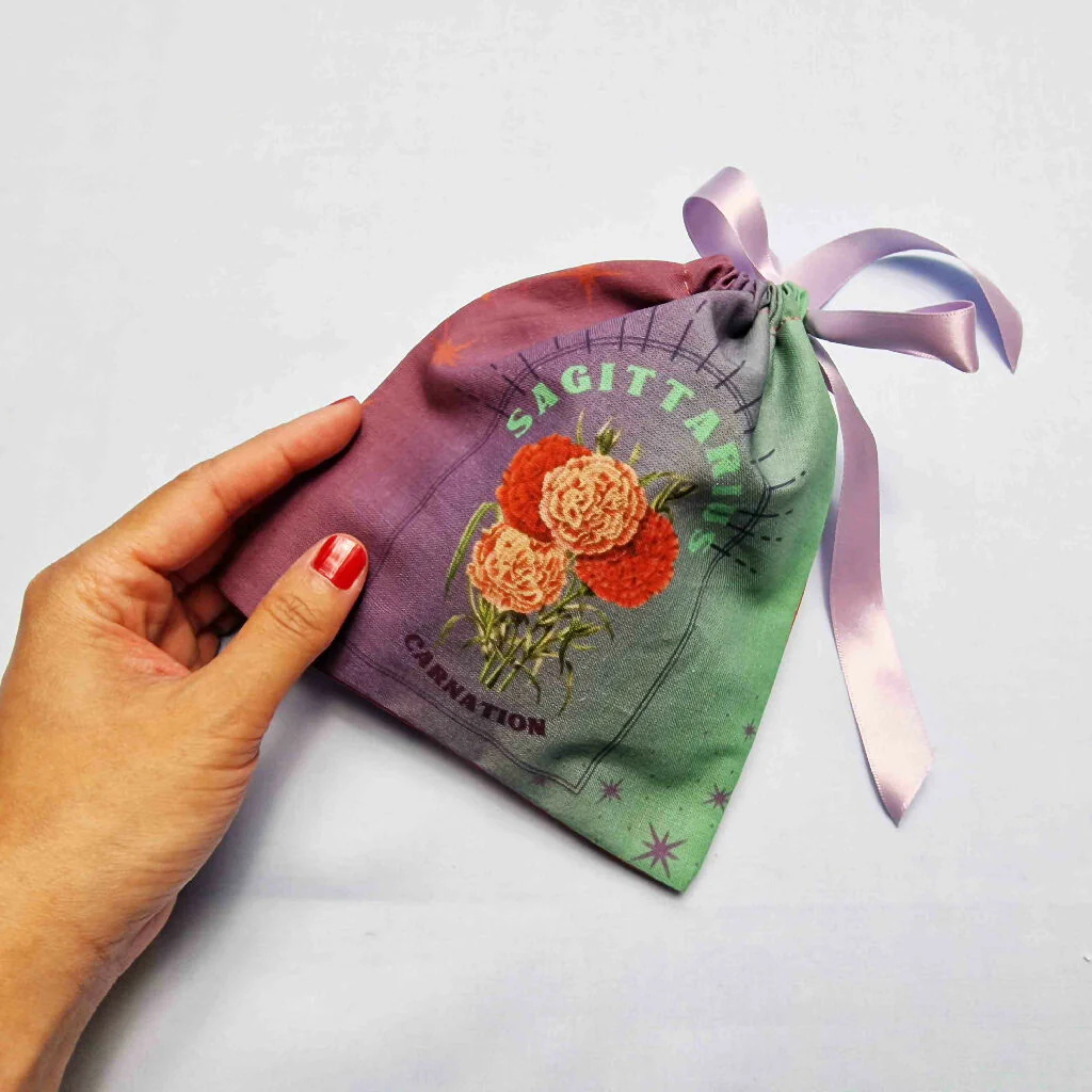 Sagittarius Carnation Birth Flower Gift Pouch in Purple and Green - Image 3