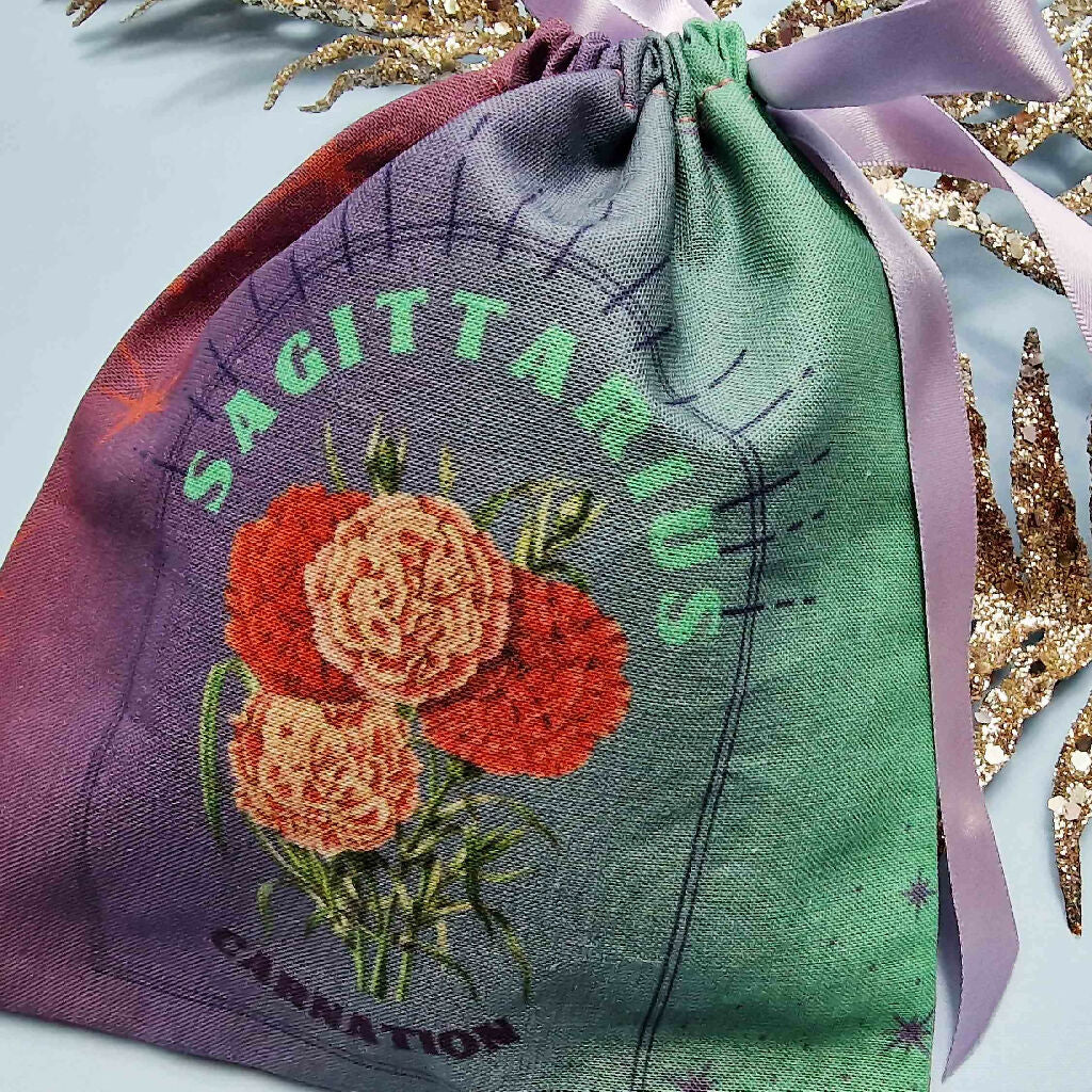 Sagittarius Carnation Birth Flower Gift Pouch in Purple and Green - Image 7