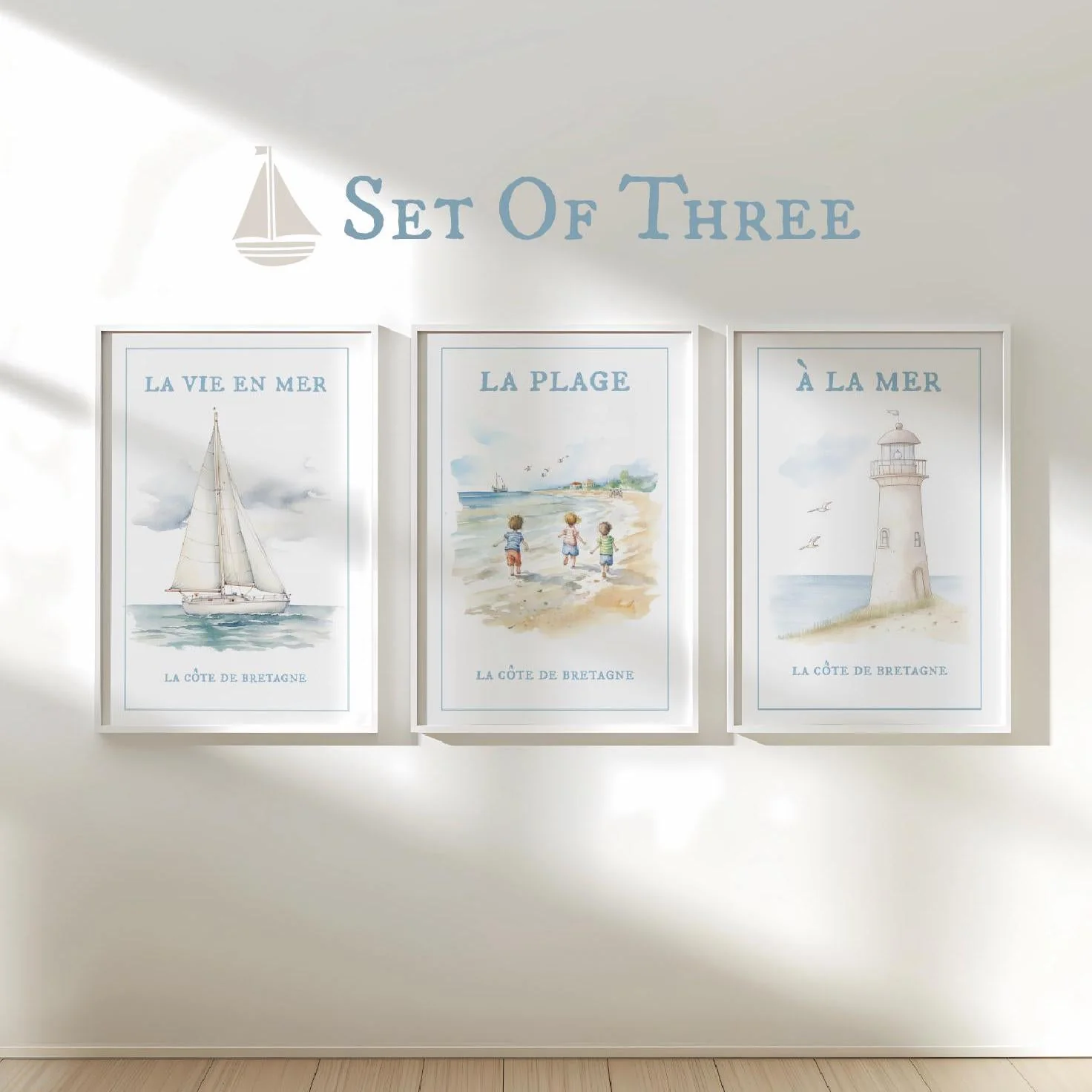 Sailboat Lighthouse Coastal Wall Art Set of 3 Prints - Image 2