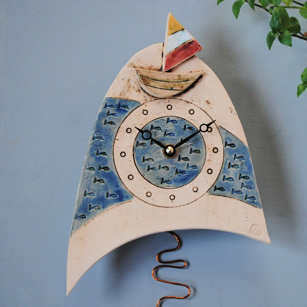 Sailing Boat and Fish Ceramic Wall Clock with Pendulum - Image 2