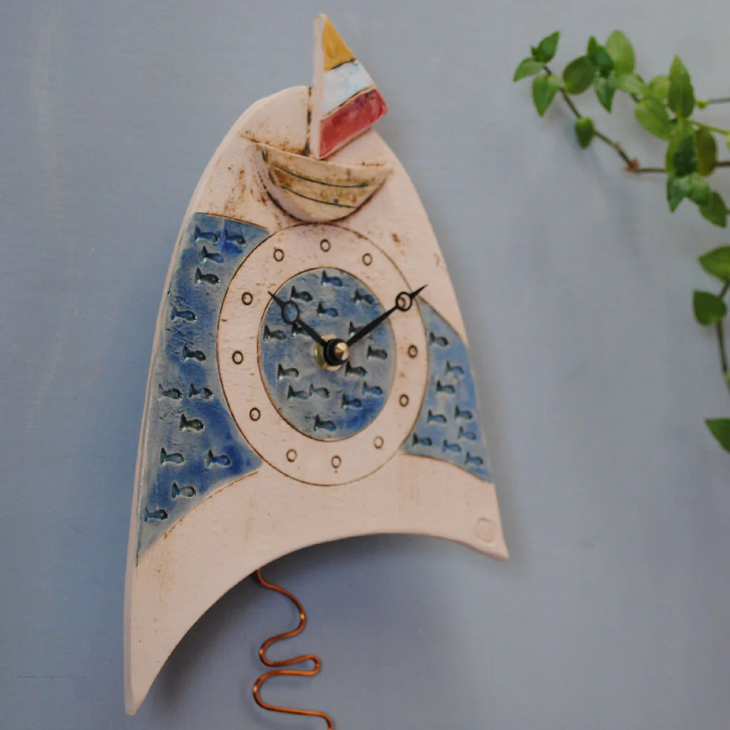 Sailing Boat and Fish Ceramic Wall Clock with Pendulum - Image 3