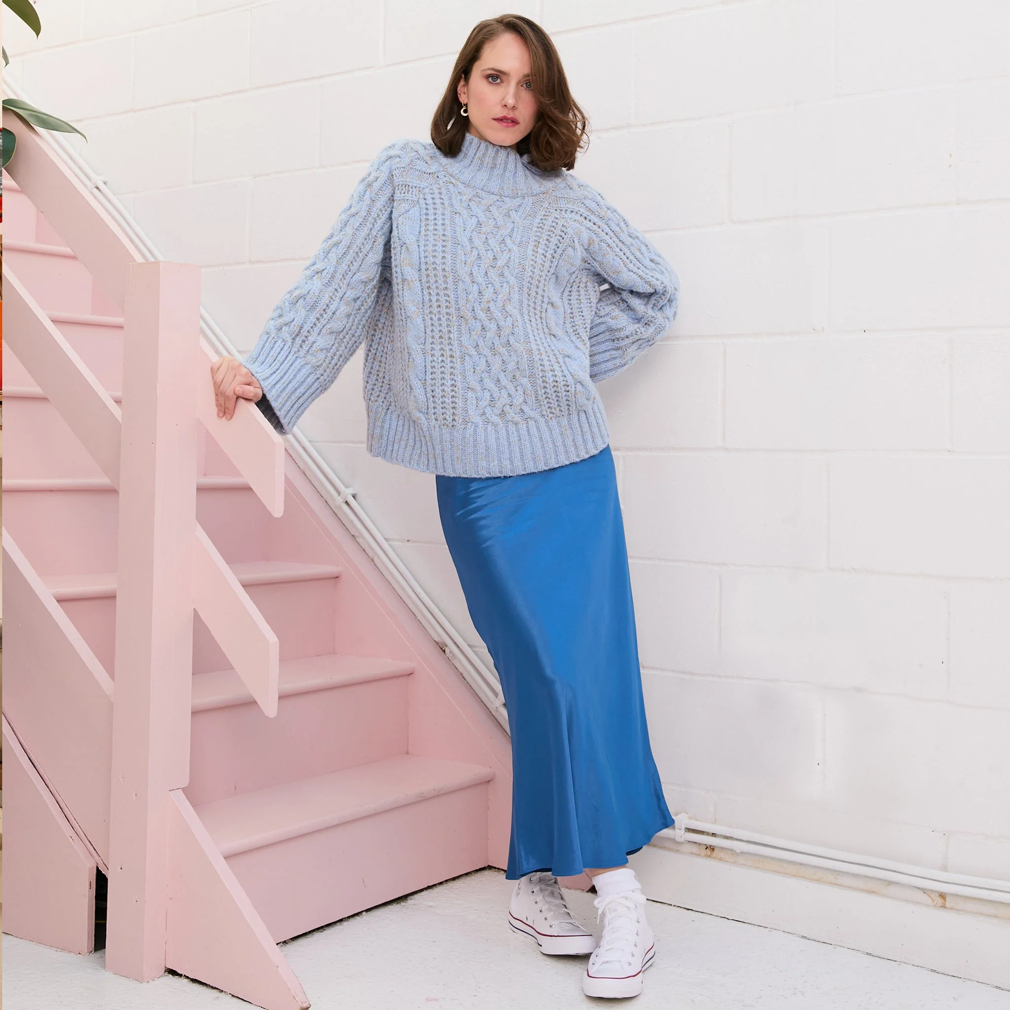 Sarah High Neck Cable Wide Sleeve Jumper - Blue - Image 10